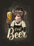 Monkeys dressed in apron holding glass beer. Vintage color engraving
