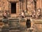 Monkeys guardians in Banteay Srei - pink temple - citadel of the women in Angkor, Cambodia.