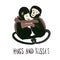 Monkeys hugging each other. Love animal pattern. Capuchin monkey. Hugs and kisses quote. Hand drawn monkey illustration