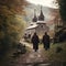 Monks Approaching a Secluded Autumn Monastery