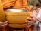 The monks of the Buddhist Sangha give alms to a Buddhist monk, which came out of the Buddhist offerings in the morning. The