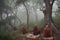 monks meditating in misty forest, with tree tops visible