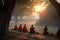 monks meditating in quiet courtyard, with view of the sunrise