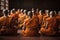 monks meditating in row, with their backs turned to each other