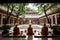 monks in meditation hall, with view of the garden and birds singing