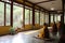 monks in meditation hall, with view of the garden and birds singing