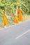 Monks and novices walk on the street