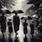 Monks and novices were walking with umbrellas on the street while it was raining with AI generated