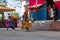 Monks perform masked and costumed dance of Tibetan Buddhism during the Cham Dance Festival. Dancers blurred motion