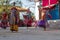Monks perform masked and costumed dance of Tibetan Buddhism during the Cham Dance Festival. Dancers blurred motion