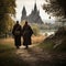 Monks\\\' Pilgrimage to a Riverside Cathedral