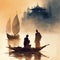 Monks sailing on a boat