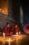 Monks sitting on the floor reading scripture book