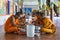 Monks taking lunch at Bakong Monastery, Cambodia