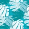 Mono print style aqua blue tropical leaves seamless vector pattern background. Textural backdrop with overlapping