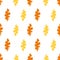 Mono print style leaves seamless vector pattern background. Textured cut out yellow, orange foliage on white backdrop