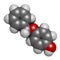 Monobenzone drug molecule. 3D rendering. Atoms are represented as spheres with conventional color coding: hydrogen white, carbon