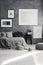 Monochromatic bedroom with gray pillows