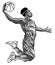 monochromatic cartoon basketball player is moving dribble with a smile vector