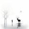 Monochromatic Depth: A Romantic Illustration Of A Man, Deer, And Trees