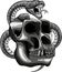 monochromatic illustration of monkey skull with snake around