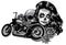 Monochromatic illustration Motorcycle woman skull with playing cards poker