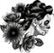 monochromatic illustration of woman Skull sugar flower.