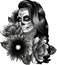 monochromatic illustration of woman Skull sugar flower.