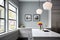 Monochromatic kitchen with grey walls and cabinets. White quartz countertops, street view from window