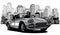 Monochromatic old racing car with grunge city background