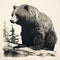 Monochromatic Realism: Grizzly Bear On Fallen Tree