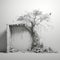 Monochromatic Sculptor: 3d Rendering Of Open Door And Tree