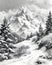 Monochromatic sketch of snowy mountain with larch trees in foreground