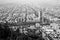 Monochrome aerial view of Santiago cityscape as seen from San Cristobal hill in Santiago, Chile