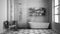 Monochrome, black & white interior design. Scandinavian classic vintage bathroom with bathtub and shower, chair with fur blanket,