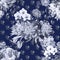 Monochrome bouquet flowers on blue background. Floral seamless pattern.