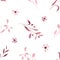 Monochrome burgundy twigs with leaves, berries and flowers. Seamless pattern on a white background. Hand drawn