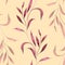 Monochrome burgundy twigs with leaves. Seamless pattern on a yellow background. Hand drawn watercolor illustration. For