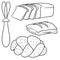 Monochrome cartoon-style images with objects for making buns, puff pastry pies