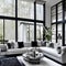 Monochrome Chic: A sleek and modern monochromatic living room with shades of black, white, and gray, accented with metallic fini