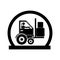 Monochrome circular emblem with forklift truck with forks