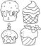 A monochrome collection of different cupcakes with fillings and cream, a delicious cartoon-style snack