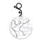 monochrome contour hand drawing of hanging rope with metal hook and earth world map