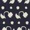 Monochrome dark blue and beige seamless pattern with sketchy shapes and flowers