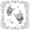 Monochrome doodle hand drawn stylized owls in flowers frame. Anti stress stock vector illustration