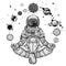 Monochrome drawing: animation Astronaut in a space suit holds planets of the solar system.