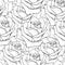 Monochrome drawn roses seamless background. Flowers illustration front view. Pattern in romantic style for design of fabrics