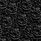 Monochrome drawn roses seamless black background. Flowers illustration front view. Pattern in romantic style for design of fabrics