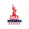 Monochrome emblem with Statue of Liberty silhouette. United States of America. National symbol in red-blue color. Flat