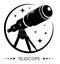 Monochrome emblem Telescope on tripod for observing space, stars and planets of solar system. Space exploration. Black and white